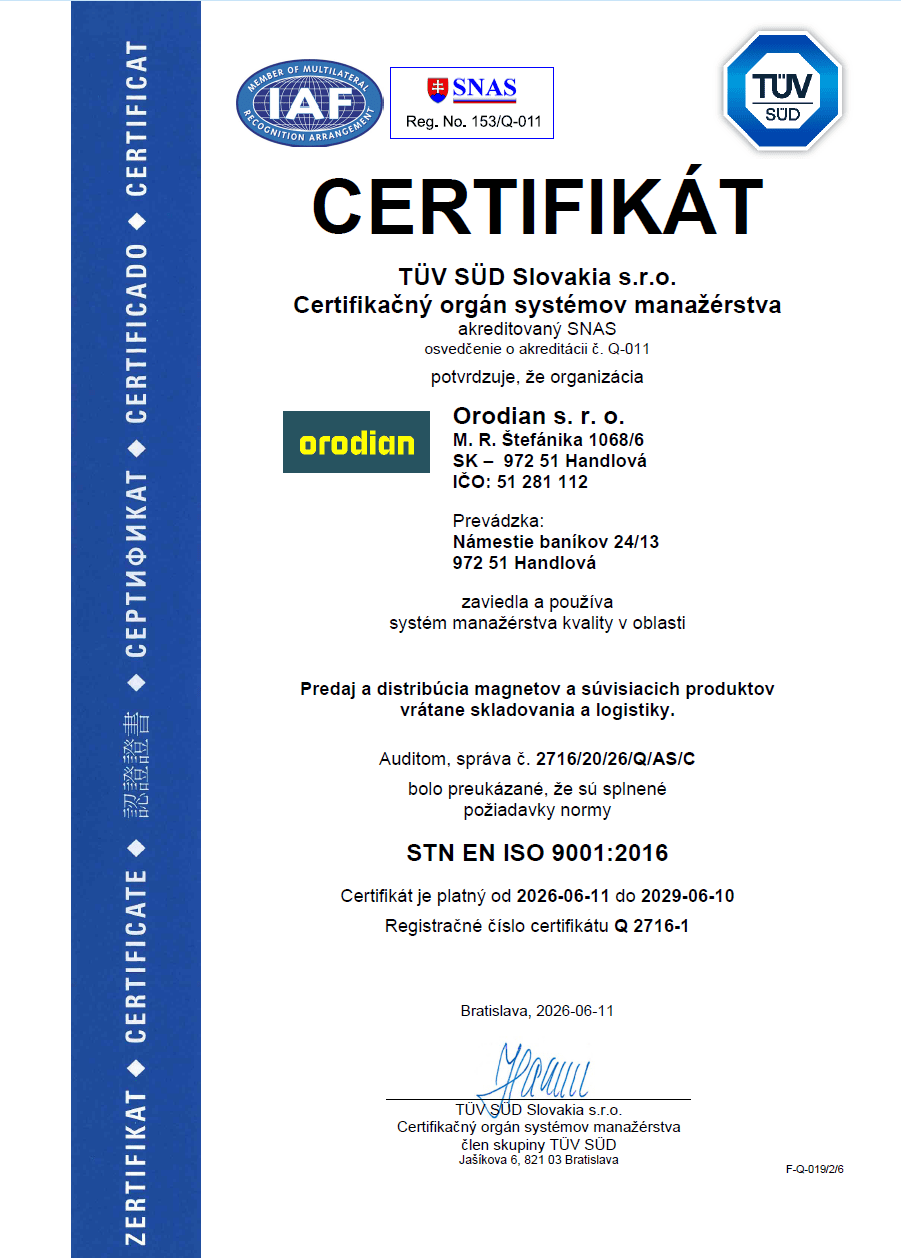 Certifikát ISO 9001:2016 vydaný společnosti Orodian s. r. o.