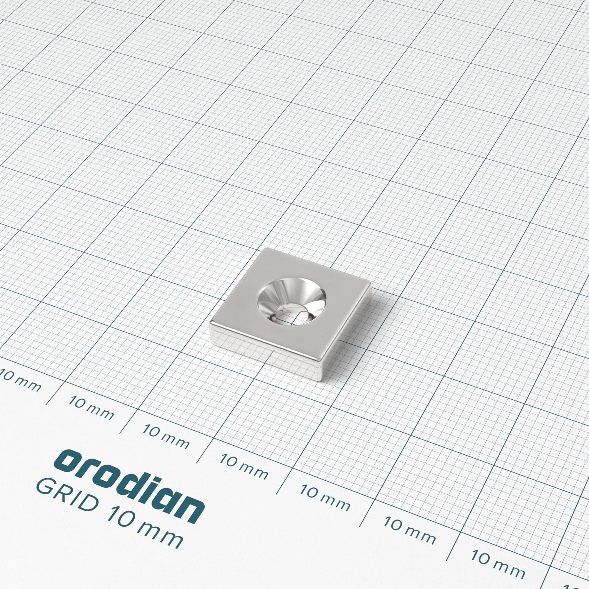 Neodymový magnet kvádr 15×15×4 mm s dírou M4 (severní pól na straně s prohlubní) - N38 - Obrázek 2
