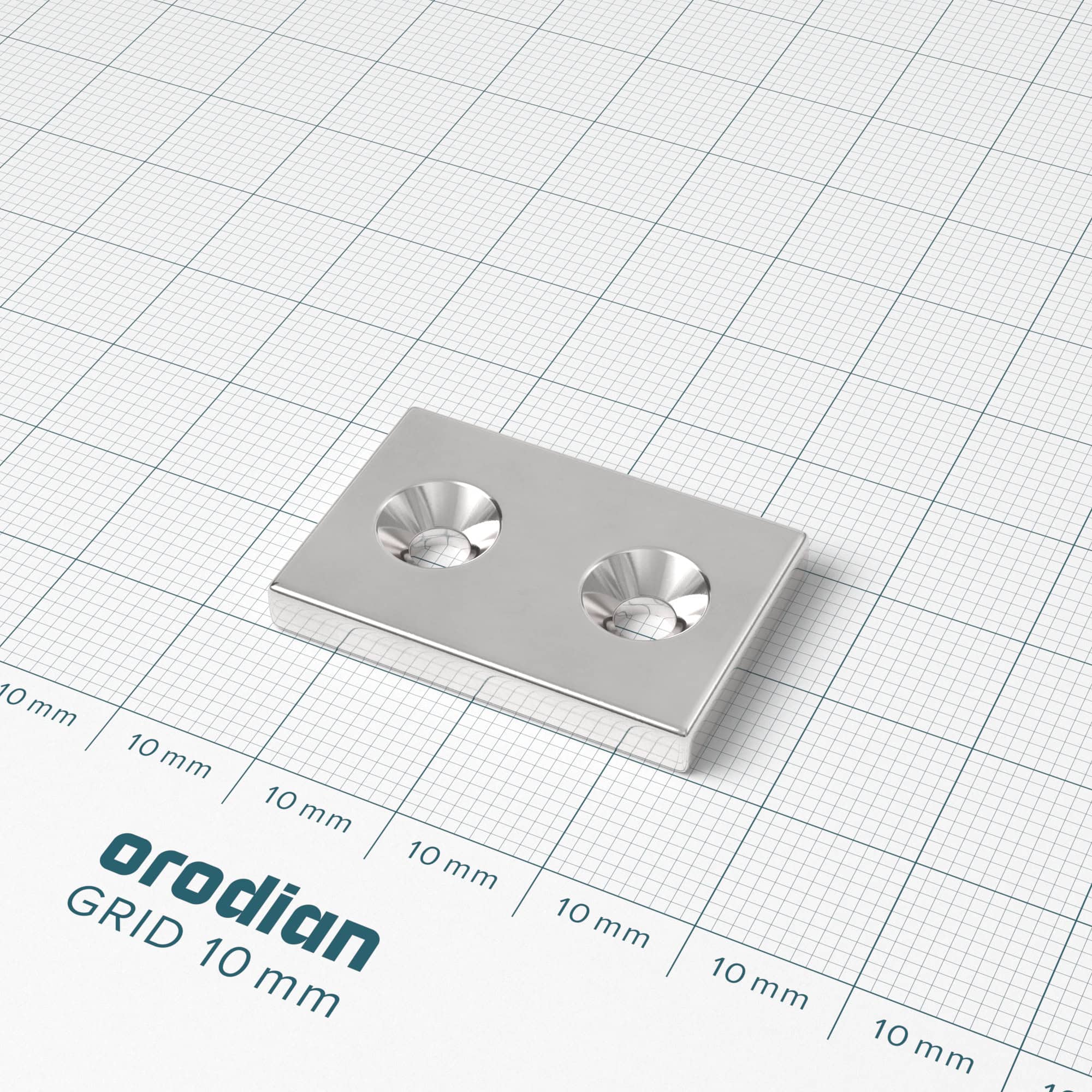 Neodymový magnet kvádr 30×20×4 mm s 2 dírami M4 (severní pól na straně s prohlubněmi) - N38 - Obrázek 2