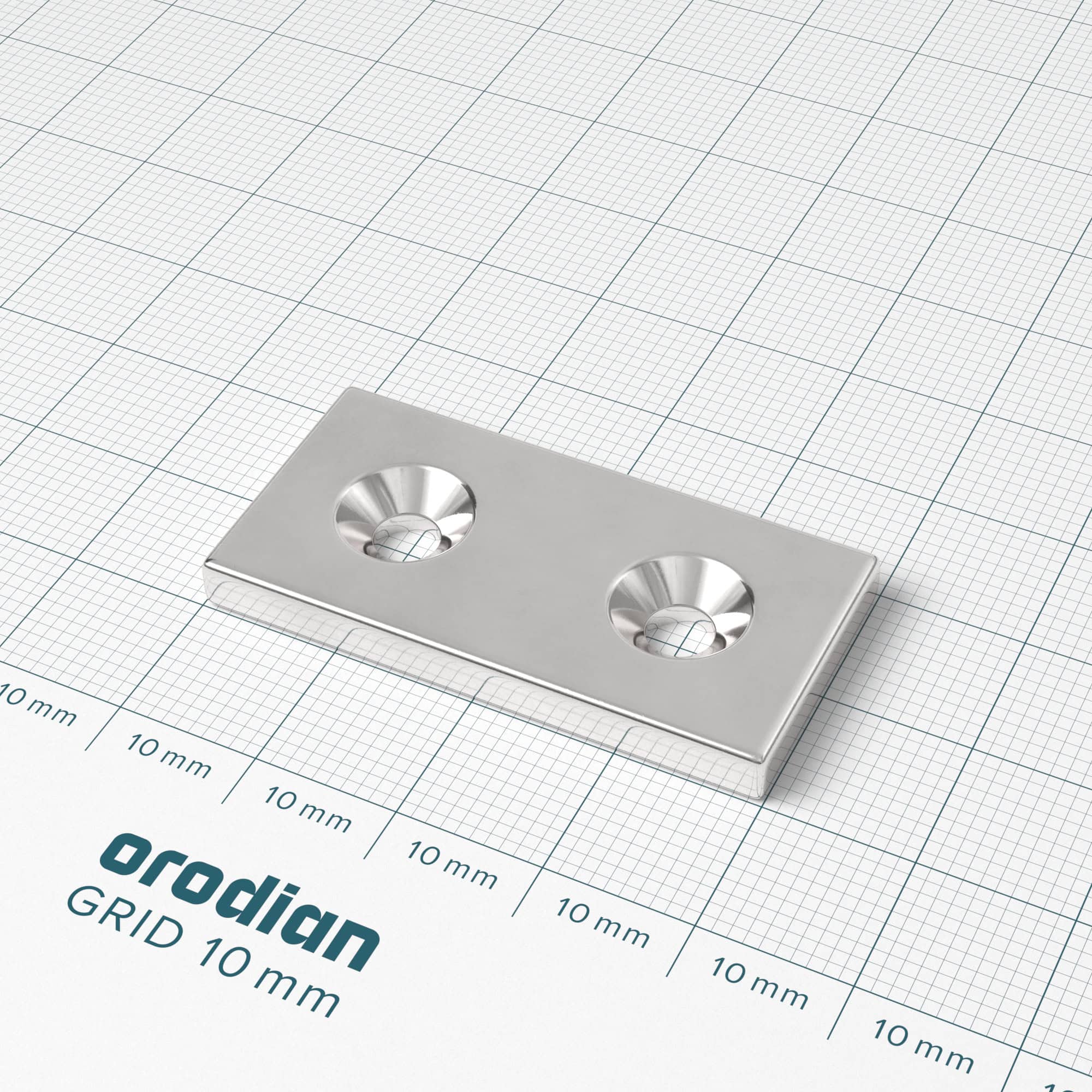 Neodymový magnet kvádr 40×20×4 mm s 2 dírami M4 (severní pól na straně s prohlubněmi) - N38 - Obrázek 2