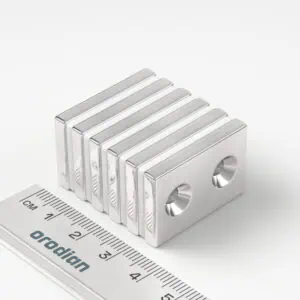 Neodymový magnet kvádr 30×20×4 mm s 2 dírami M4 (jižní pól na straně s prohlubněmi) - N38